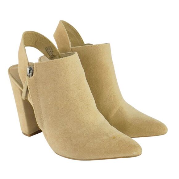 ShoeDazzle Katherine Pointed Toe Mules Tan Faux Suede Slingback Heels Size 8.5 - Picture 1 of 16